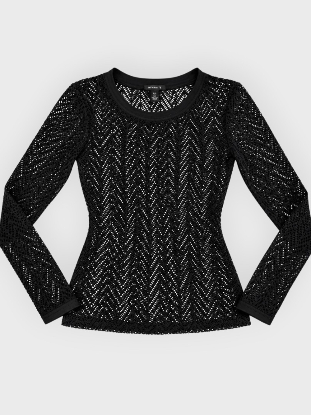 Dynamite Black Long Sleeve Chevron Crochet Tee - SIZE S